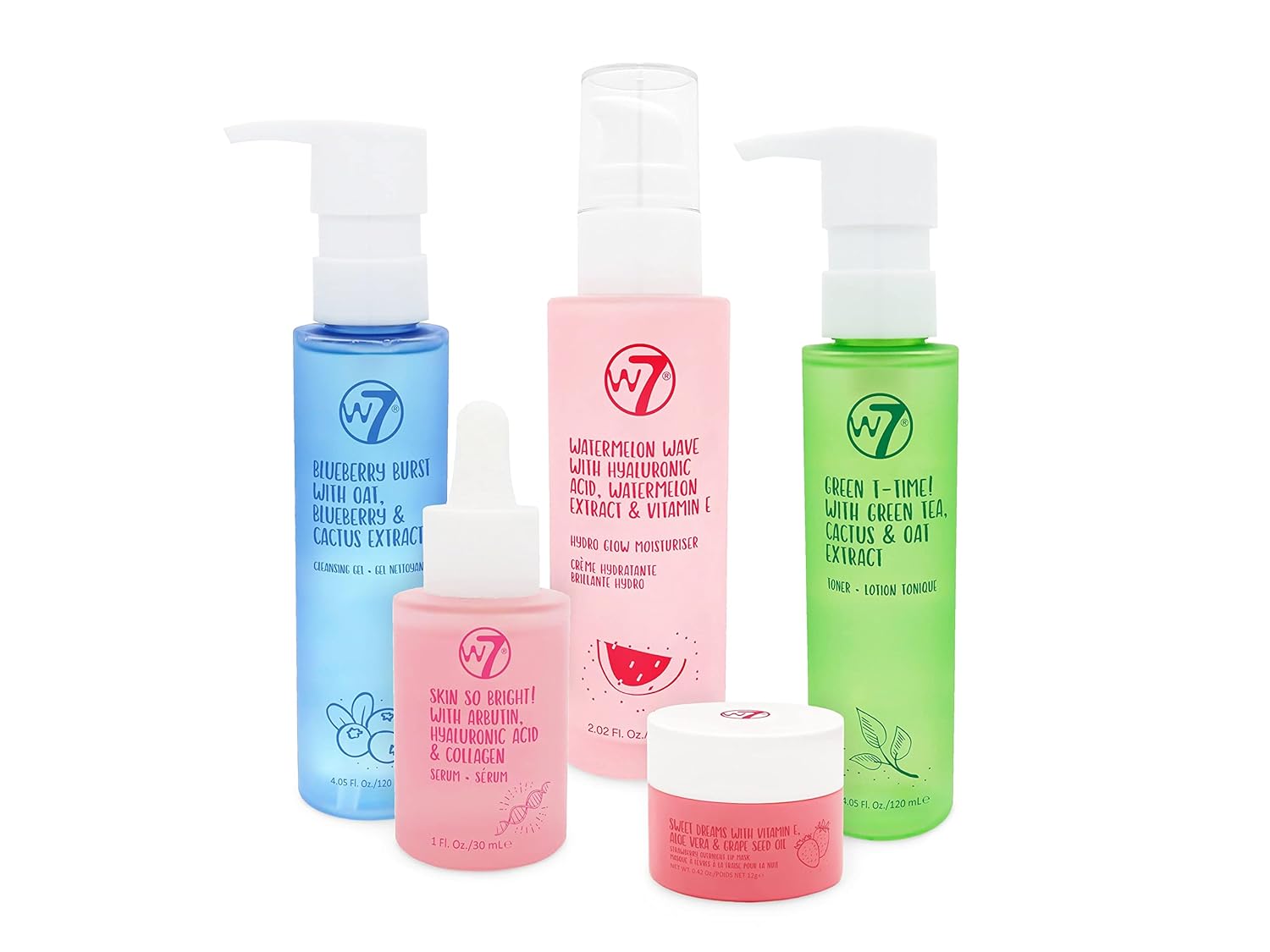 Professional Product Title: "W7 5-Step Daily Self-Care Skincare Set with Moisturizer, Serum, Toner, Cleanser & Lip Mask - Full Size Skin Care Kit for Natural Beauty"